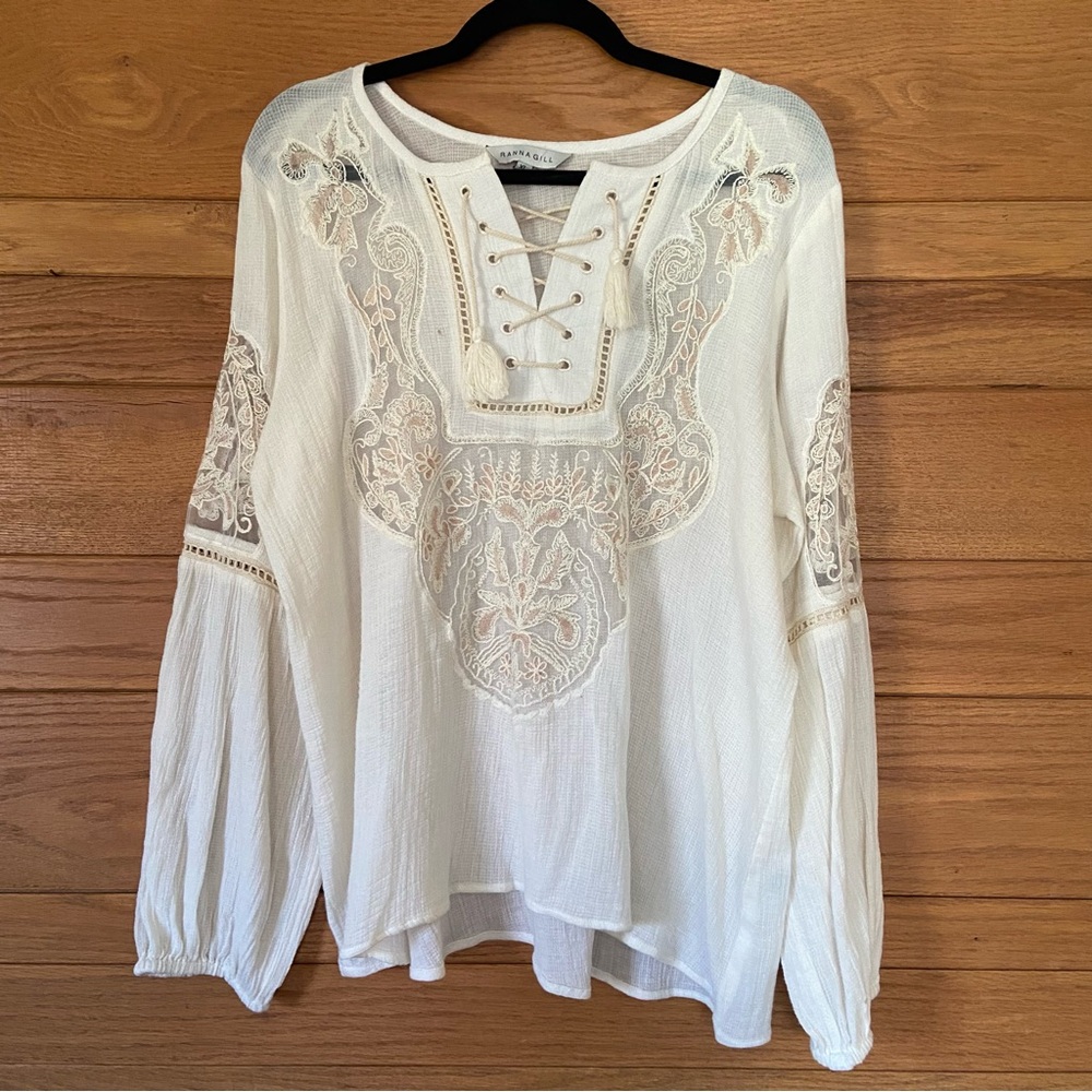 Ranna Gill embroidered white cotton lace up front blouse